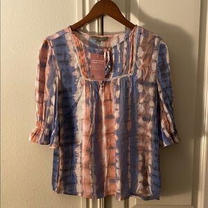 Sharagano Blue and Pink Flutter Sleeve Blouse with Tie Front